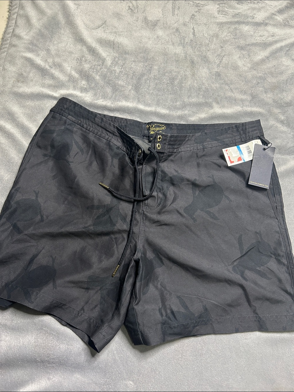 NWT penguin Men's Black Swim Trunks with Subtle Pattern